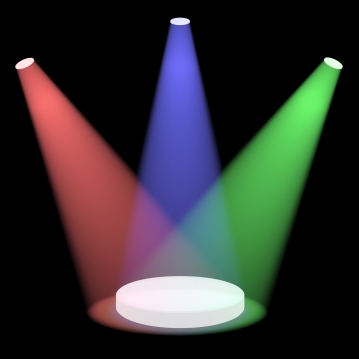 Red Blue And Green Spotlights Shining On Small Stage With Black Background